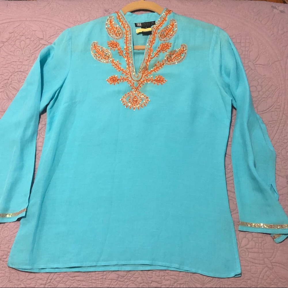 CAROLE LITTLE Turquoise/Orange Linen Blend Tunic
